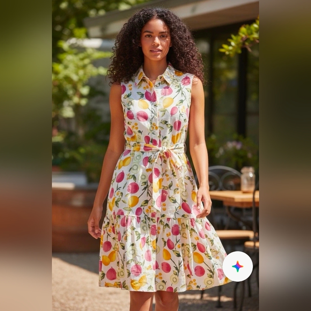 Cynthia Rowley Linen Blend Dress 8 Sleeveless Button Front Fruit Print Belted